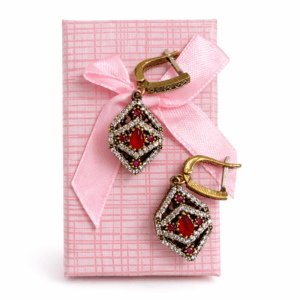 Yakut & Swarovski Taşlı Gümüş-Bronz Küpe - Damla Formlu