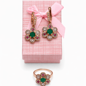 Yeşim ve Yakut Taşlı Yüzük Küpe Set - Çiçek Formlu